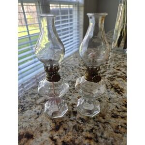 Princess House Vintage Miniature Oil Lamps Clear Etched Glass Pair 6.5 Inch